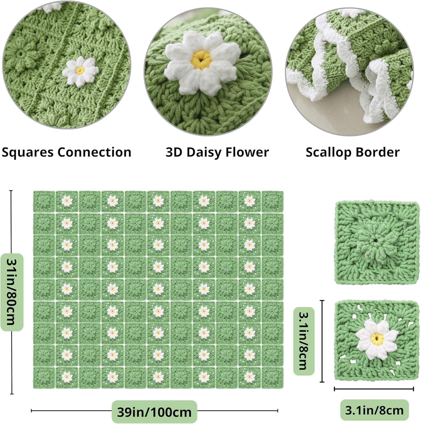 CSWCS Crochet Blanket Kit for Beginners, Daisy Granny Square Throw Kit for Adults, Easy Learn How to Knitting with Yarn & Hook, Complete Starter Set with Step-by-Step Instructions (39" x 31")