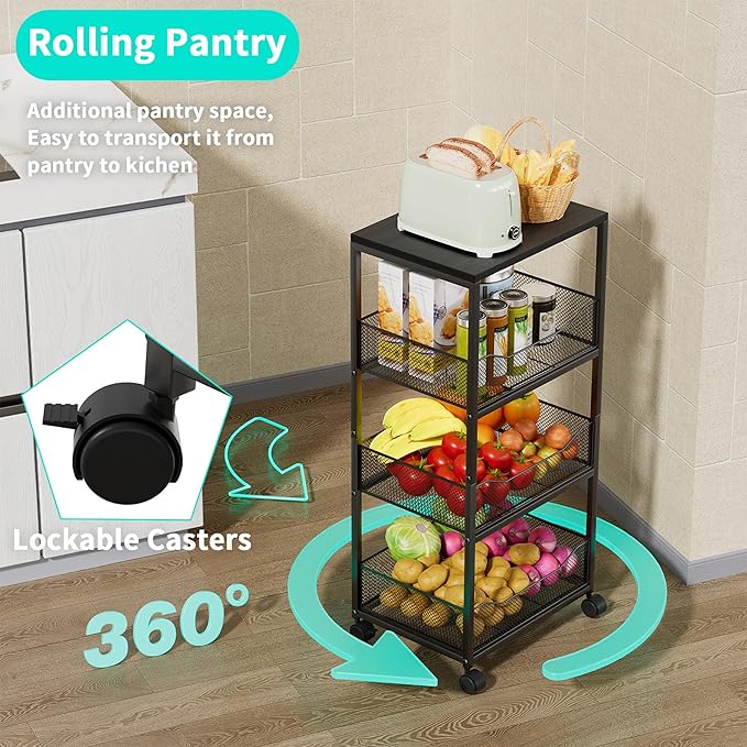 HapiRm Fruit Basket Kitchen Cart - 4-Tier Rolling Storage Cart with Wheels, Fruit Vegetable Basket with Wood Top, Pantry Utility Kitchen Organizer for Fruit Potato Onion Vegetable Bread Snack