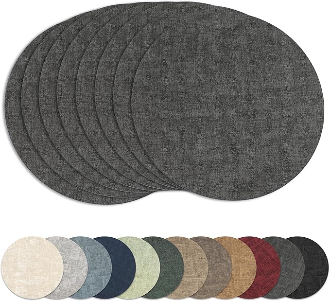13"Round Placemats Set of 8, Reversible Faux Leather Heat Resistant Table Mats, 100% Waterproof Oilproof Wipeable Table Protective Placemats for Vinyl, Washable for Indoor & Outdoor Use (8, Deep Gray)