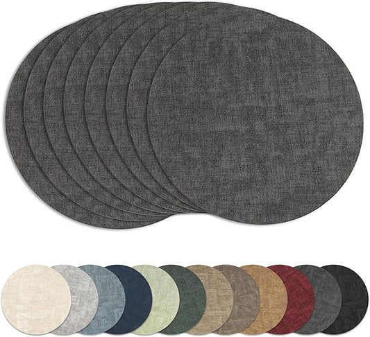 13"Round Placemats Set of 8, Reversible Faux Leather Heat Resistant Table Mats, 100% Waterproof Oilproof Wipeable Table Protective Placemats for Vinyl, Washable for Indoor & Outdoor Use (8, Deep Gray)