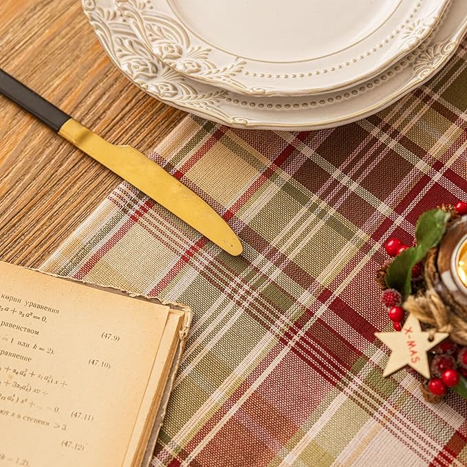 Beige Plaid Christmas Table Runner, Winter Holiday Table Runners 72 inches Long Xmas Decorations Indoor Outdoor Farmhouse Home Kitchen Dining Party Decor