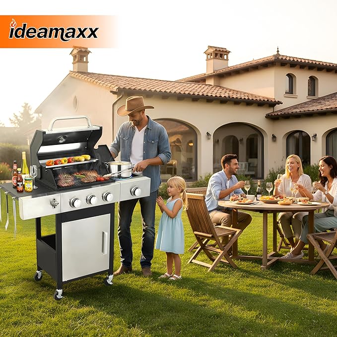 3-Burner Propane Grill - 37,230 BTU BBQ with Side Burner | Porcelain Cast Iron Grates | Stainless Steel Outdoor Grill for Backyard, Camping, Tailgating (Fast Heating & Easy Clean)