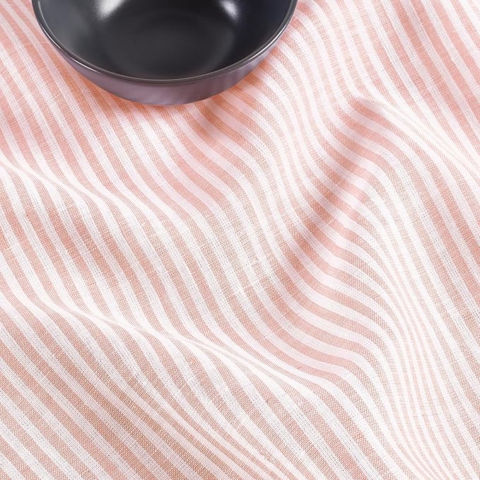 Solino Home Linen Striped Table Runner 108 Inches Long - Narrow Stripe 100% Pure Linen Peach and White Dining Table Runner 14 x 108 Inch for Valentines, Spring, Easter