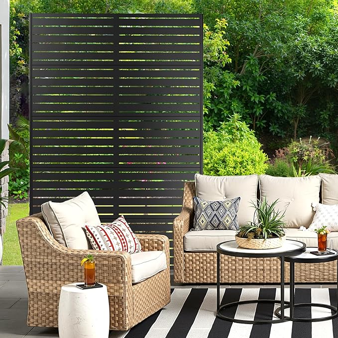 Metal Privacy Screen for Outdoor & Indoor Use, Free Standing Privacy Screen for Patio Garden Pool, 72" H x 44" W Decoative Privacy Panels, Weather Resistant, Easy Assembly (Black Louvered Floral)