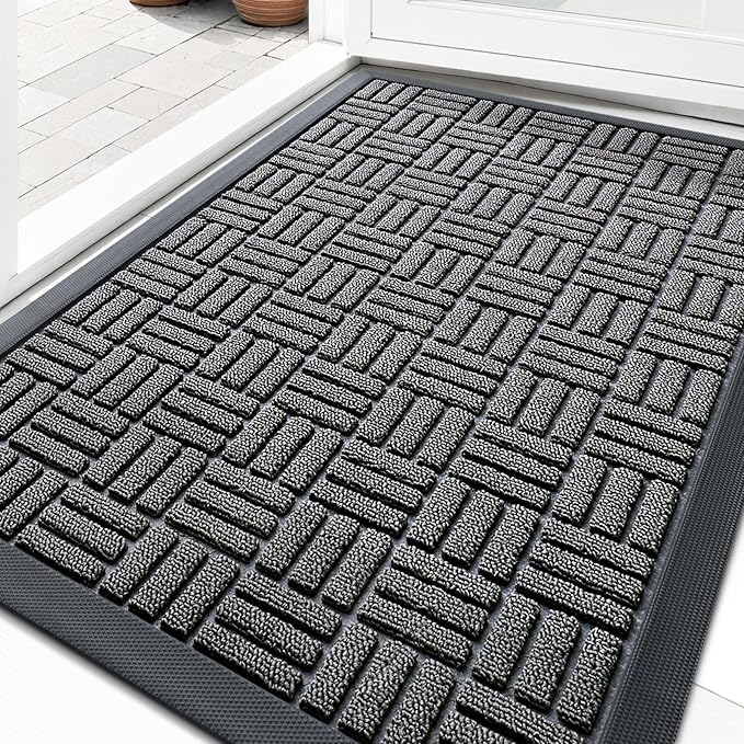 OLANLY Front Door Mat Outside Entrance 35x23, Absorbent, Heavy Duty Sturdy Natural Rubber Doormat Indoor Outdoor, Stain and Fade Resistant, Non-Slip Backing Low Profile Floor Mat for Entryway, Grey