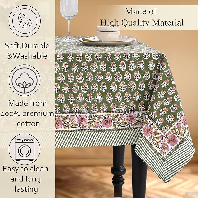 CPC Tablecloth 100% Cotton 60x60 Inch Indian Block Print Easter Square Table Cover, Table Cloth for Weddings, Parties- Jade Green 4-Seater