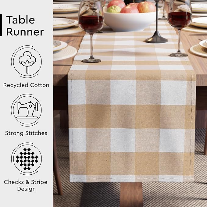Encasa XO Cotton Dining Table Runner | Buffalo Beige Checks | Size 13x59 in - Machine Washable & Durable
