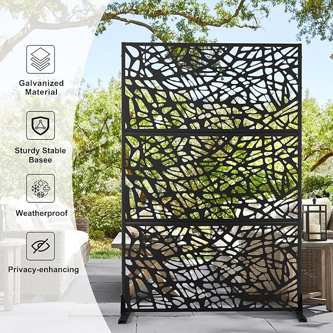 Elevens Metal Outdoor Privacy Screen, Freestanding Outdoor Divider Decorative Privacy Fence Screen,Outdoor Decorative Privacy Screens and Panels for Balcony Patio,72" H×47" W (Black-Mesh)