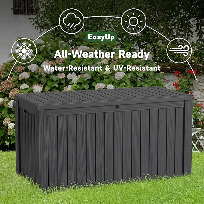 EasyUp 180 Gallon Outdoor Storage Box, Resin Waterproof UV-Resistant Deck Box with Hydraulic Lid Support, Reinforced Stability for Patio, Garden, and Poolside, Black