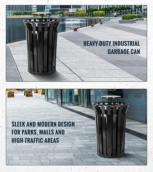 Alpine Industries 38 Gallon Commercial Outdoor Metal Trash Can with Liner, Flat Lid & Rain Bonnet