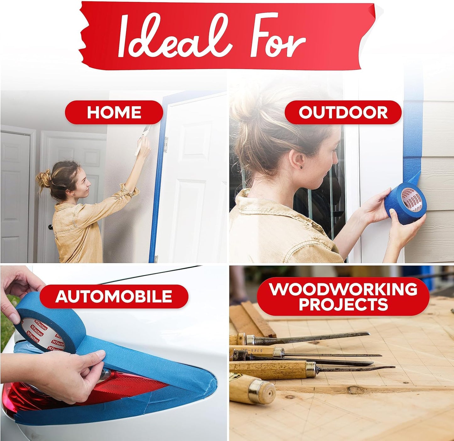 XFasten Blue Painter's Tape, 2 Inch x 60 Yards (24-Pack) Blue Painters Masking Tape Bulk - Sharp Edge Line Technology, Produces Sharp Lines | Residue-Free and Artisan Grade Wall Trim Tape