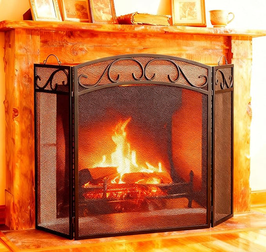 Fire Beauty Fireplace Screen 3 Panel with Handles Wrought Iron 51"(L) x31(H) Spark Guard Cover(Sanded Black)