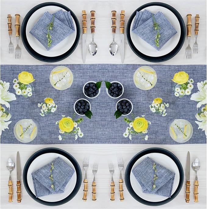 Solino Home Linen Chambray Indigo Table Runner 132 Inches Long - Athena, 100% Pure Linen Dining Table Runner 14 x 132 Inch for Spring, Easter