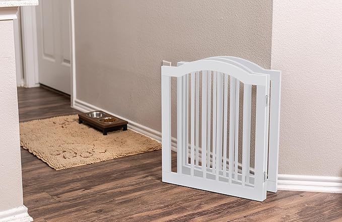 INTERNET'S BEST Arched Top Dog Gate | 3 Panel, 24" H Wooden Pet Barrier for Dogs or Cats | Freestanding Folding Room Divider for Doorways, Hallways, Stairs, and Porch | Portable, Extra Wide | White