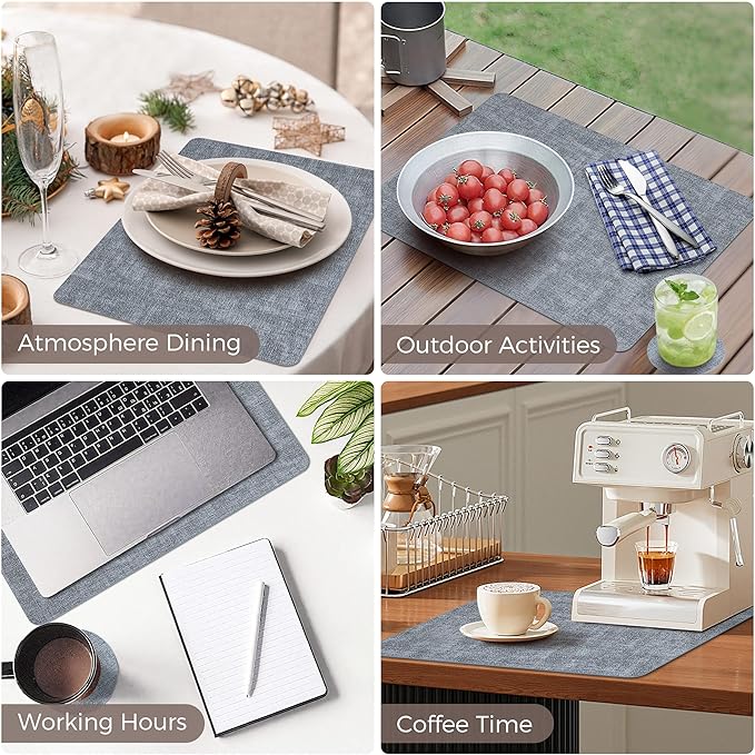 Vinyl Placemats Set of 6, Faux Leather Waterproof and Heat Resistant Place Mats, Washable Anti-Slip Table Mats with Coaster, Wipeable Placemats for Indoor & Outdoor 17" x 12" (Light Blue, Set of 6)
