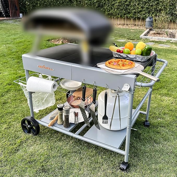 Upgraded Pizza Oven Cart Table for Ooni Koda/Karu/Fyra 16 & 12, Movable Thicken & Widen Rolling Kitchen Cart, Outdoor Grill Stand for Ninja Woodfire,Blackstone Griddle,Barbecue Tool Set