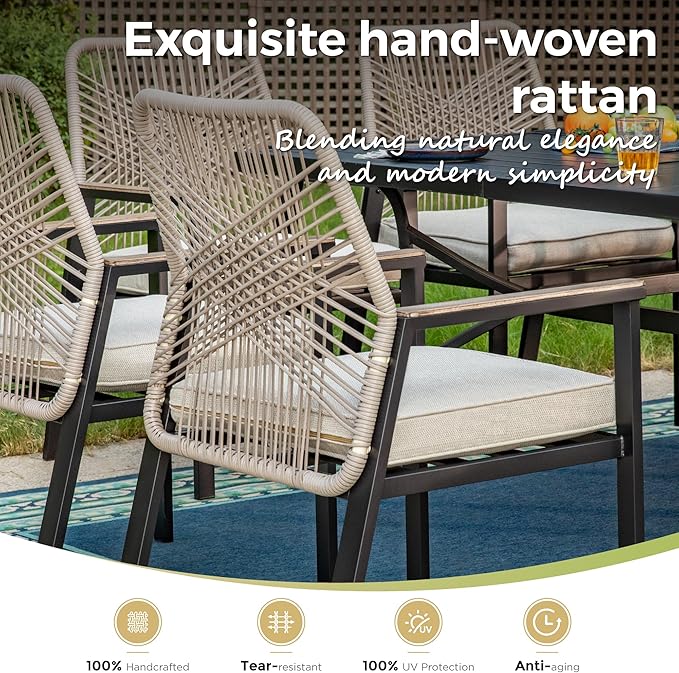7 Pieces Outdoor Dining Set for 6, Patio Dining Set Wicker Rattan Chairs with Soft Cushion and Extendable Rectangular Table, Wicker Patio Table and Chairs for Backyard Porch