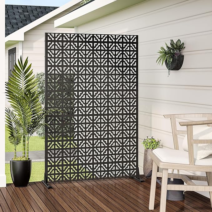 Casaphoria Metal Privacy Screen Outdoor, 72" H x 47" W Freestanding Decorative Privacy Screen for Patio Deck Balcony Garden with Stable Base, Black Charles