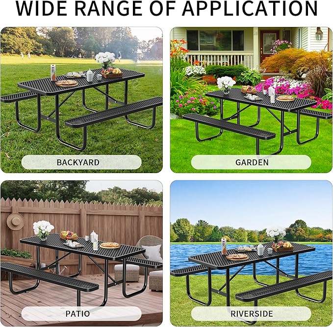 6 FT Metal Picnic Tables for Outside, Outdoor Coated Steel Heavy Duty Commercial Picnic Table with Benches, Patio Table Rectangular Furniture Set for Garden, Lawn, Shops, Parks