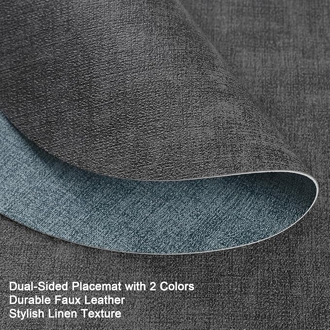 Placemats and Coasters, Washable Reversible Placemats Round Faux Leather Wipeable Place Mats Non Slip Heat Resistant Indoor Outdoor Table Mats (Set of 6, Gray Light Blue)
