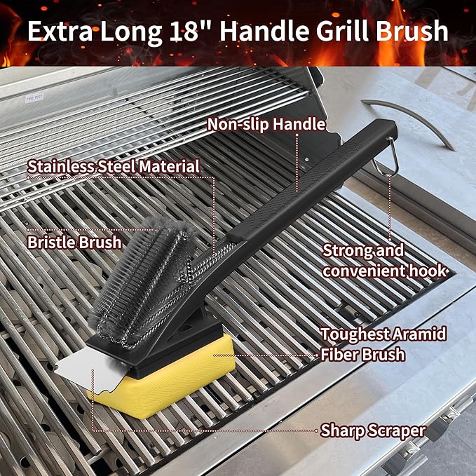 BBQ Grill Brush with Scraper-Removable BBQ Clearning Brush Head with Wire Bristles Brush & 2 Steam Brush-Black Grill Cleaner Brush Accessories for Gas/Charcoal Grilling Grates-Gifts for Grill Men