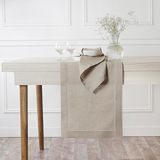 D'Moksha Homes Linen Natural Table Runner 84 Inches Long - 100% Pure Linen Table Runner 14 x 84 Inch for Valentines, Spring, Easter - Classic Hemstitch