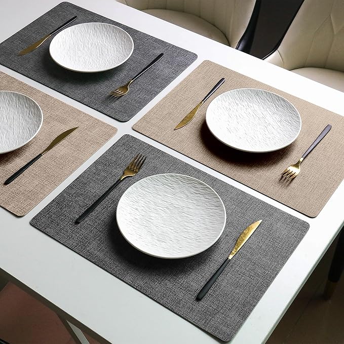 Faux Leather Vinyl Placemats Set of 6 Wipeable Heat Resistant Place Mats 100% Washable - Waterproof - Anti Slip Reversible Table Mats for Kitchen/Dining/Party/Outdoor, 12" x 16.5", Khaki & Black