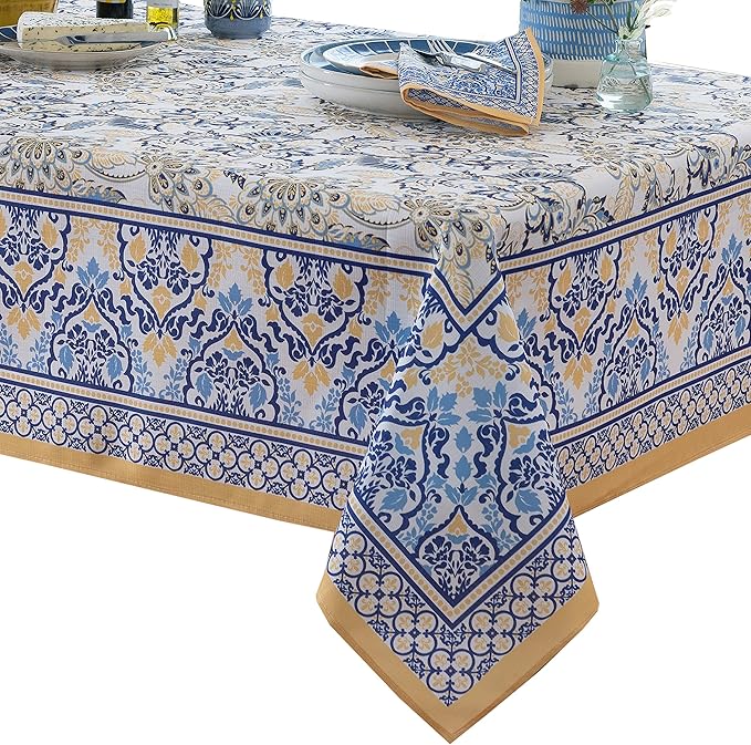 Home Bargains Plus Rectangle Fabric Tablecloth, 60 x 120 Inch, Allure Yellow and Blue Floral Bordered Print, Indoor Outdoor Stain and Water Resistant Table Cloth, Provence French Country