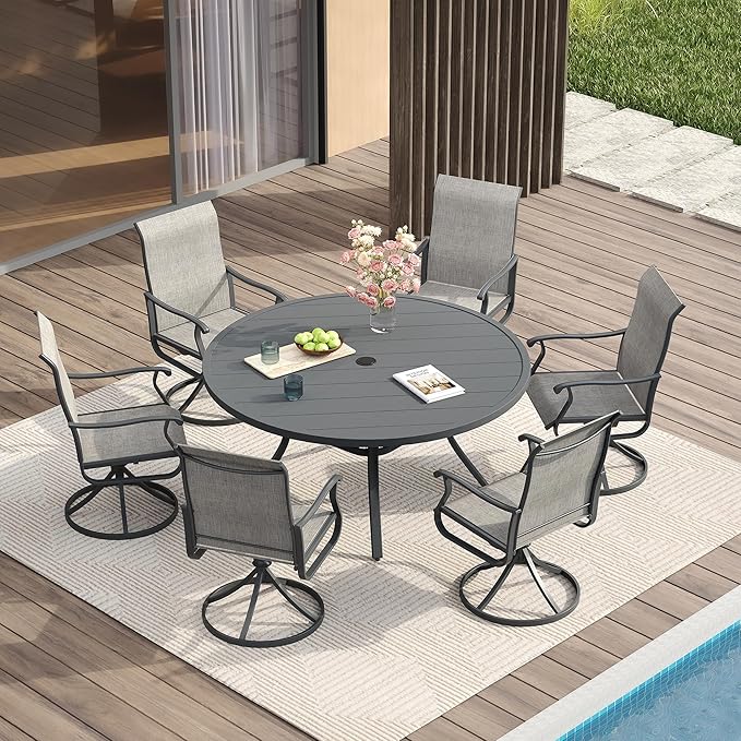 VICLLAX 47.2" Outdoor Round Patio Table for Lawn Garden, All Weather Metal Round Patio Dining Table with Adjustable Umbrella Hole, 6 Person Patio Table, Grey Tabletop