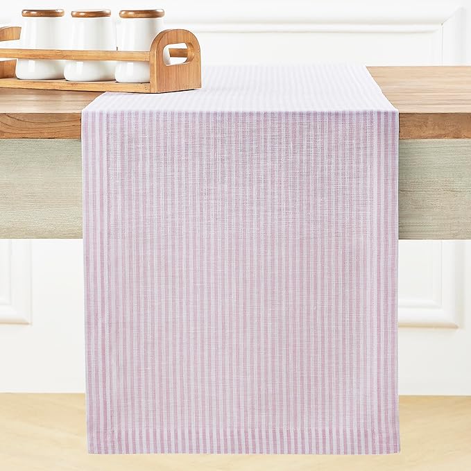 Solino Home Linen Striped Table Runner 120 Inches Long - Narrow Stripe 100% Pure Linen Pink and White Dining Table Runner 14 x 120 Inch for Valentines, Spring, Easter