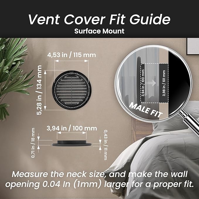 Repa Market 4 Inch (Opening) Black Round Air Vent Cover - Pack of 10 Plastic Fresh Air Intake Vent - Grill Cover with Nylon Mesh Screen - Wall or Ceiling HVAC Return Air Register - Modern Soffit Vents