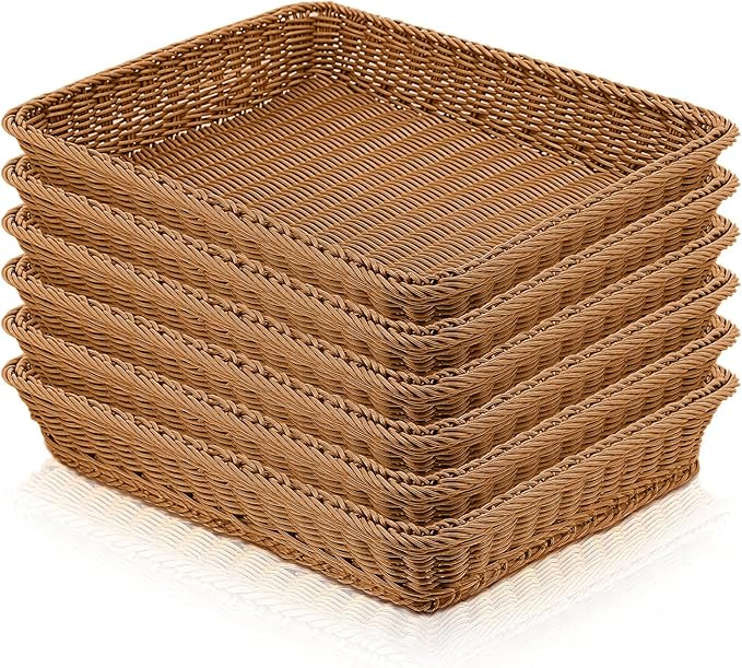 Eccliy 6 Pack Poly Wicker Bread Baskets 19 Inch Imitation Rattan Serving Trays for Bread Snacks Fruit Vegetables Tabletop Display Basket for Kitchen Restaurant Home Hotel