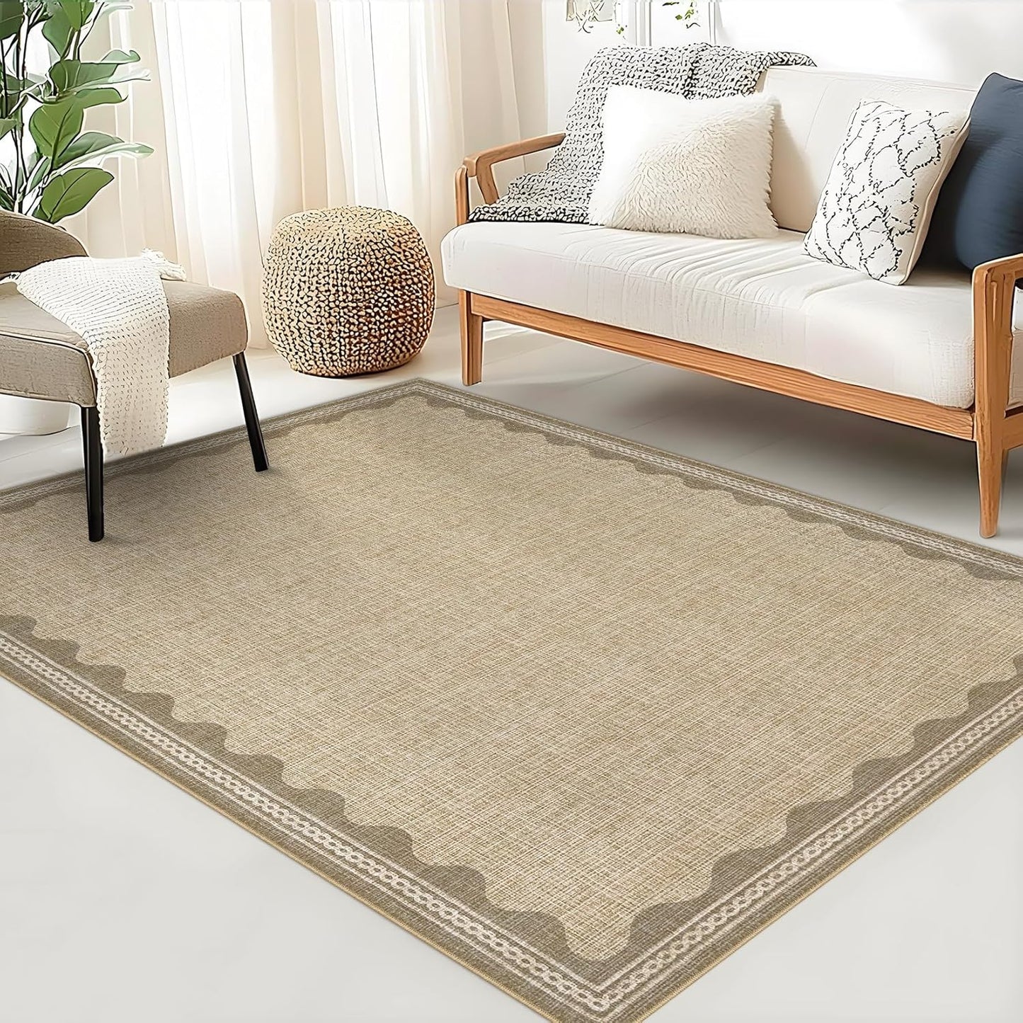Scalloped 3x5 Rugs for Entryway, Small Area Rug Solid Jute Rug for Bedroom Girls, 3x5 Washable Rugs for Living Room, Non Slip Scalloped Bath Mat, Soft Dorm Nursery Carpet for Bedside