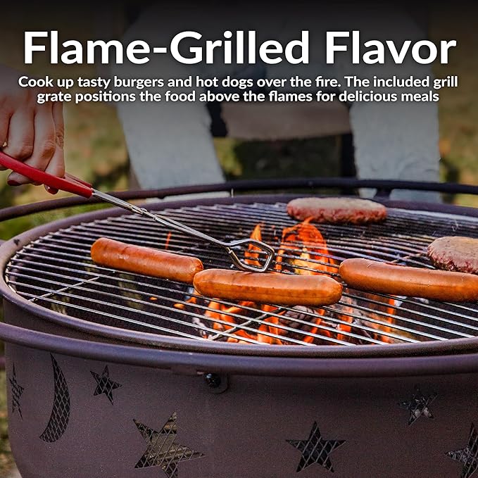 Sunnydaze Cosmic 30-Inch Patio Fire Pit for Outside - Outdoor Wood-Burning Fire Pit with Grill Grate, Spark Screen, and Fireplace Poker