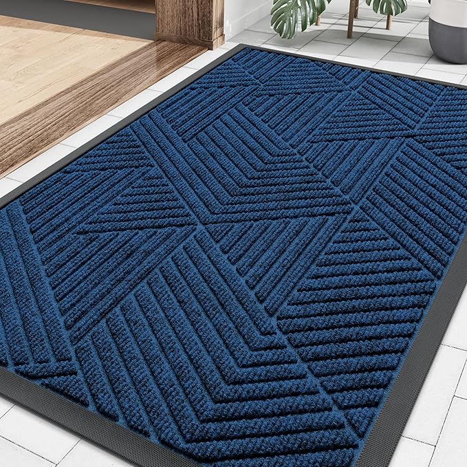 Smiry Front Door Mat Outside Entrance, Heavy Duty Sturdy Natural Rubber Doormat, Trap Dirt and Moisture, Easy Clean Low Profile Mats for Indoor Outdoor Entry, Irregular Triangle (36x24, Medium Blue)