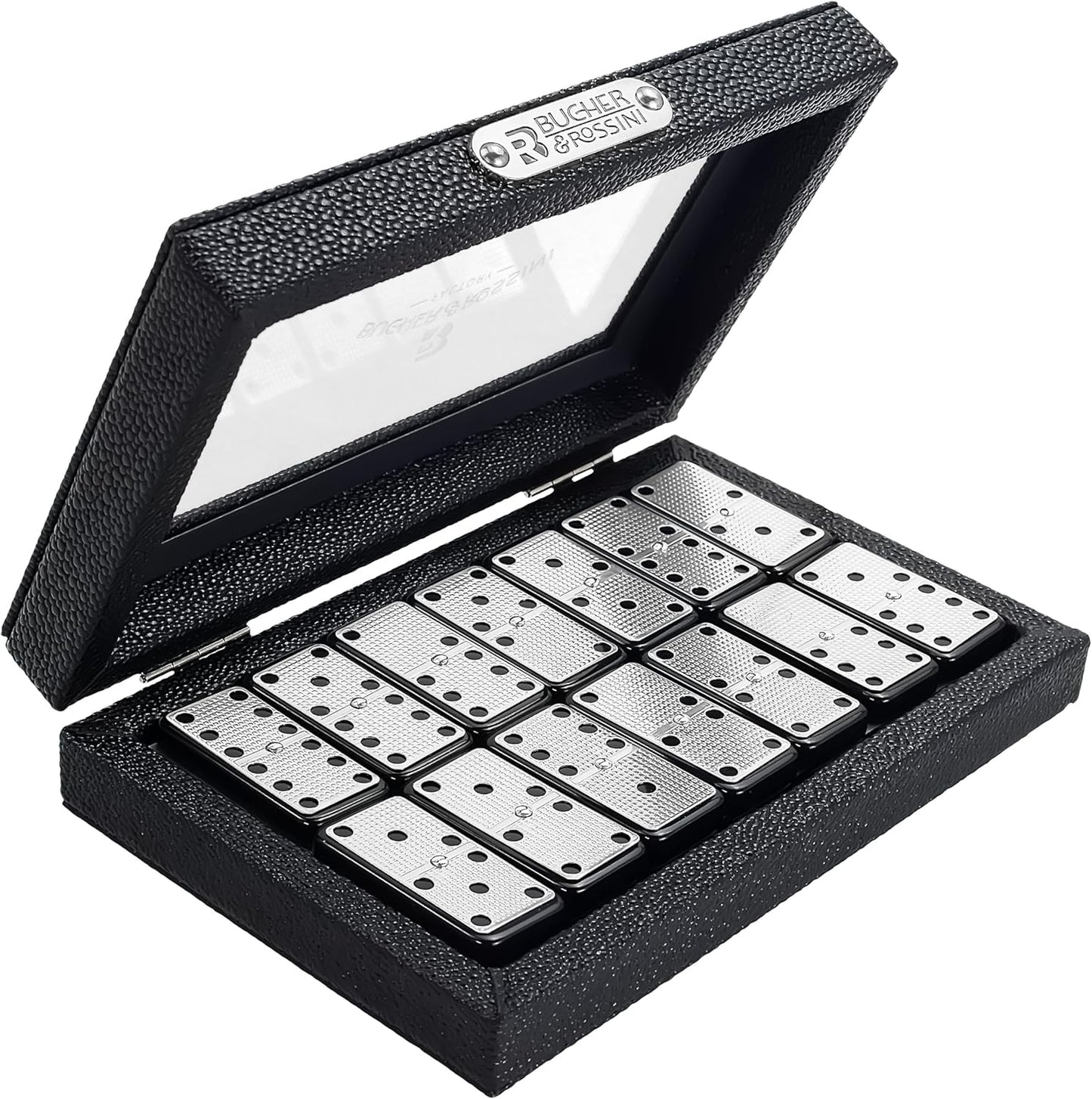 Bucher&Rossini Metal Surface Dominoes Set Double 6 - Classic Black Domino's Game Set with Silver Metal Surface for Adults and Kids Ideal Gift for Domino Players or Family Game Night