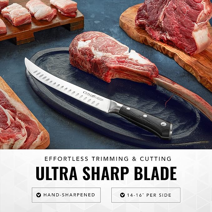 Cutluxe Butcher Knife – 10″ Cimeter Breaking Knife, Razor Sharp Forged High Carbon German Steel, Full Tang Meat Carving Knife, Ergonomic Handle Design, Grilling Gifts for Men – Artisan Series