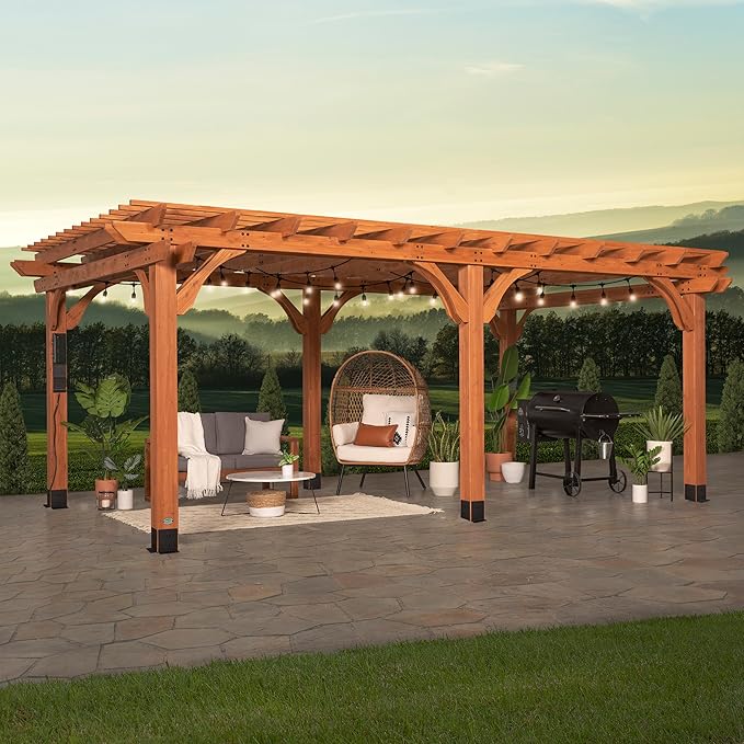 Backyard Discovery Beaumont 20' x 12' Traditional Cedar Wood Pergola Kit with Trellis Roof, All-Season Durability, High-Wind Rating, PowerPort, Shade for Outdoor Patio, Deck, Garden, and Entertaining