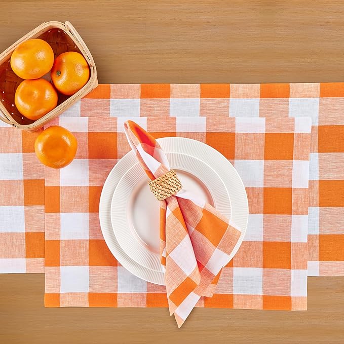 Solino Home Linen Checkered Table Runner 144 Inches Long - 100% Pure Linen Pumpkin and White Buffalo Check Extra Long Table Runner 14 x 144 Inch Ideal for Dining