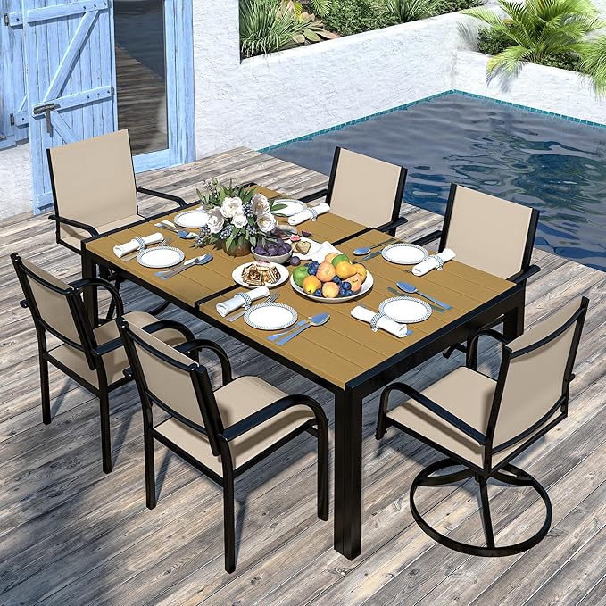 Outdoor Dining Set for 6, 59” Patio Table and Chairs Set with 2 Swivel Chairs, 4 Regular Textilene Chair and 1 Large Table, Modern Patio Furniture Set for Backyard Porch Poolside (Beige)