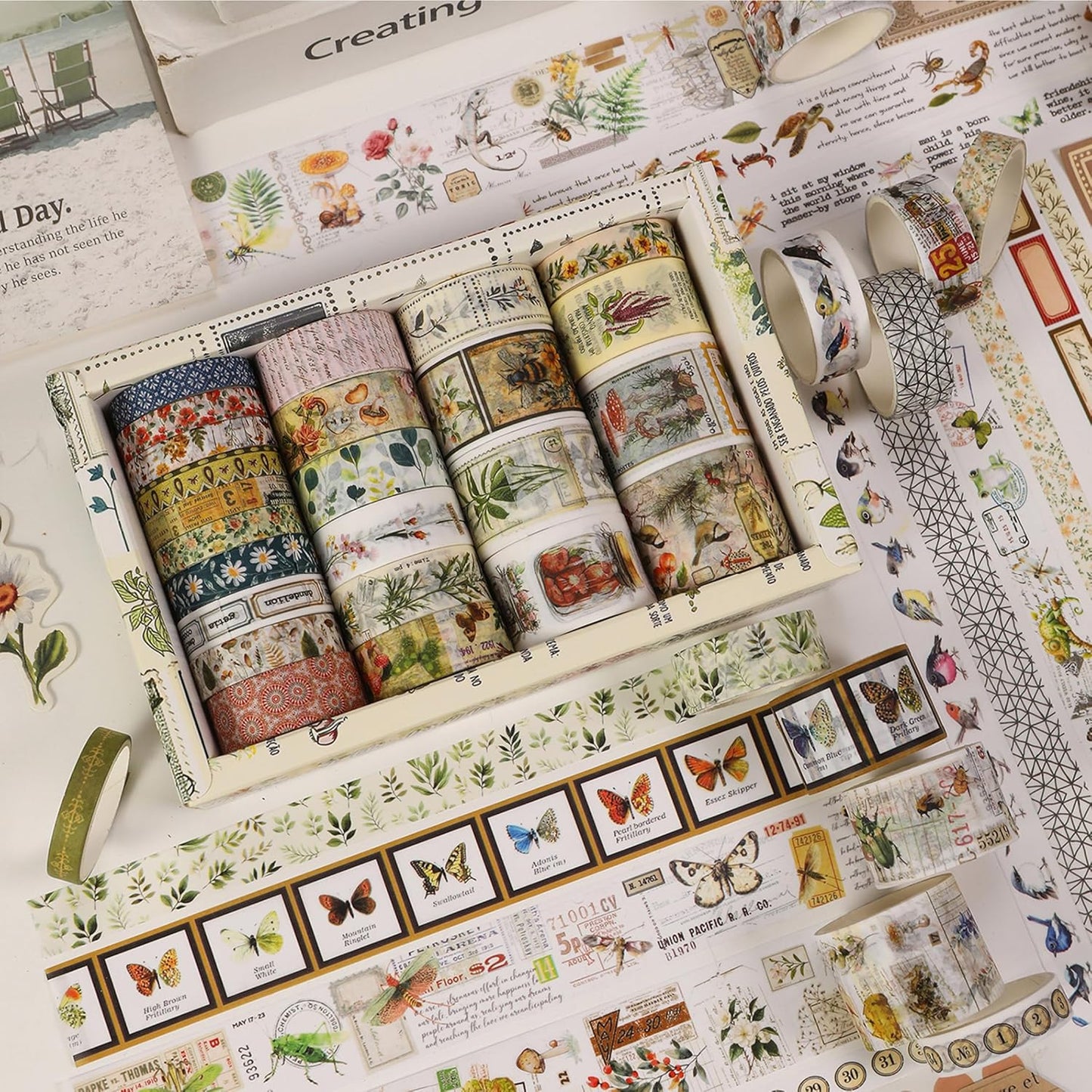 Vintage Washi Tape Set - 24 Rolls Arts Adhesive Tapes Assorted Retro Decorative Masking Tape Sets for Craft, Kids, Scrapbook, DIY, Gift Wrapping (4-Nature Journal)