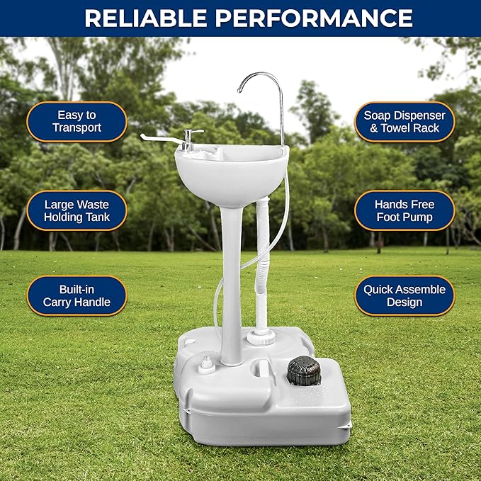 SereneLife Portable Camping Sink – Hand Washing Station with Foot Pump, 17L Fresh Water Tank, 24L Waste Tank, Soap Dispenser, Rolling Wheels & Quick Assembly for RV, Outdoor Events & Job Sites