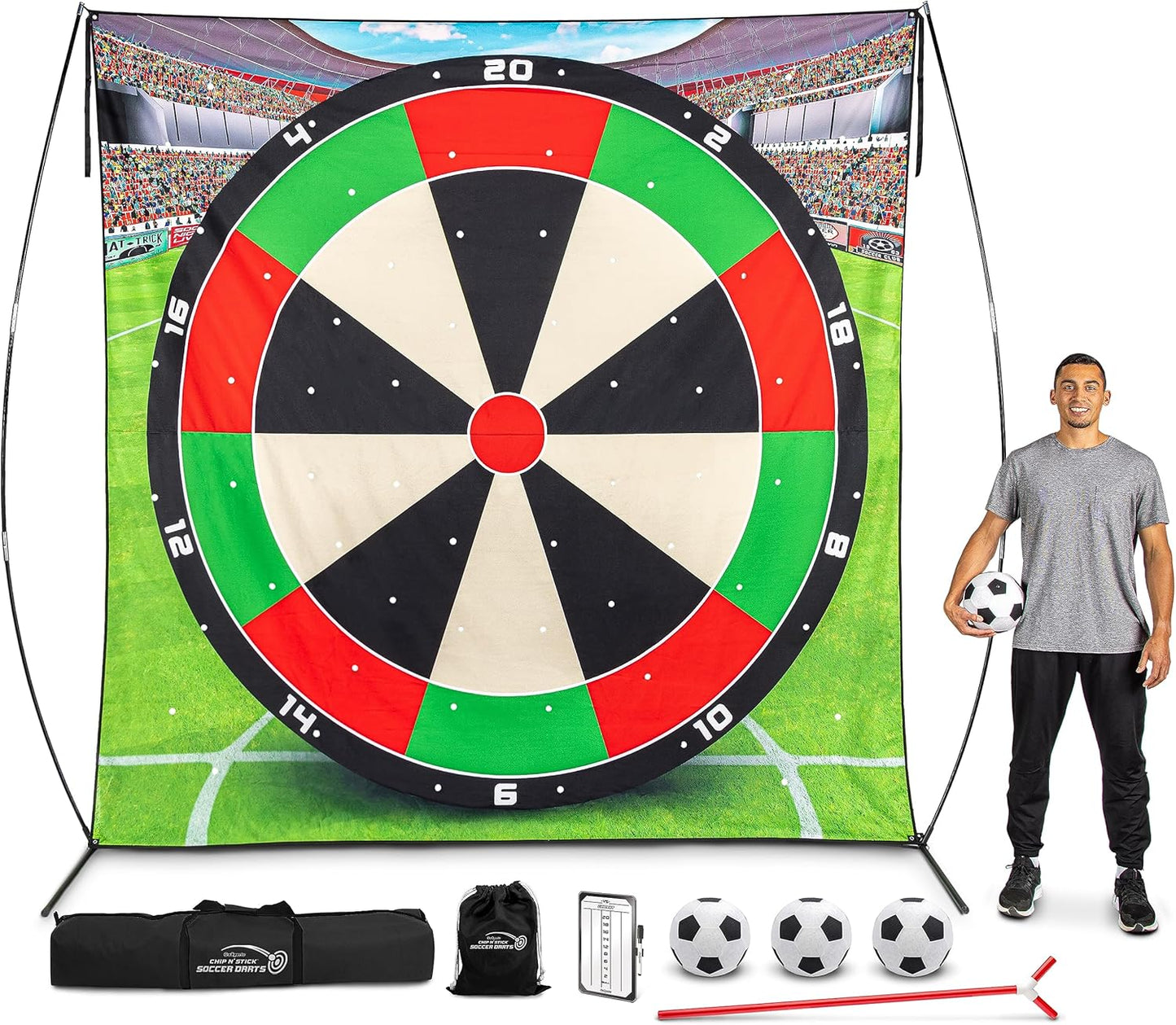 GoSports 10 FT Chip N' Stick Soccer Darts - Giant Kick Darts Game for Kids & Adults - Includes 4 Sticky Soccer Balls, Tote Bag, & Carry Case
