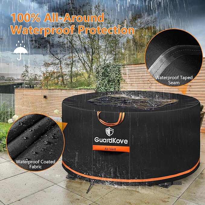 [Upgraded 1000D Heavy Duty Fabric] 32” Fire Pit Cover Round for 29”- 32” Fire Pit/Tables, Waterproof Tear & Fade Resistant Firepit Cover with Buckle, Handle, Drawstring, Air Vent (32”D x 16”H,Black)