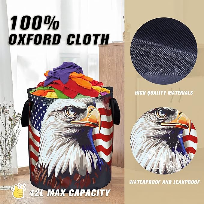 American Flag Eagle Laundry Basket Foldable Oxford Cloth Funny Tote Bag Laundry Hamper Clothes Storage Bucket Organizer For Bathroom/Laundry Storage/Bedroom Storage Basket 17.7x13.7 Inch
