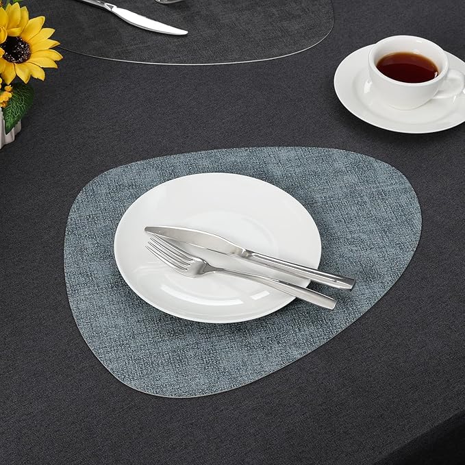 Placemats and Coasters, Washable Reversible Placemats Round Faux Leather Wipeable Place Mats Non Slip Heat Resistant Indoor Outdoor Table Mats (Set of 6, Gray Light Blue)