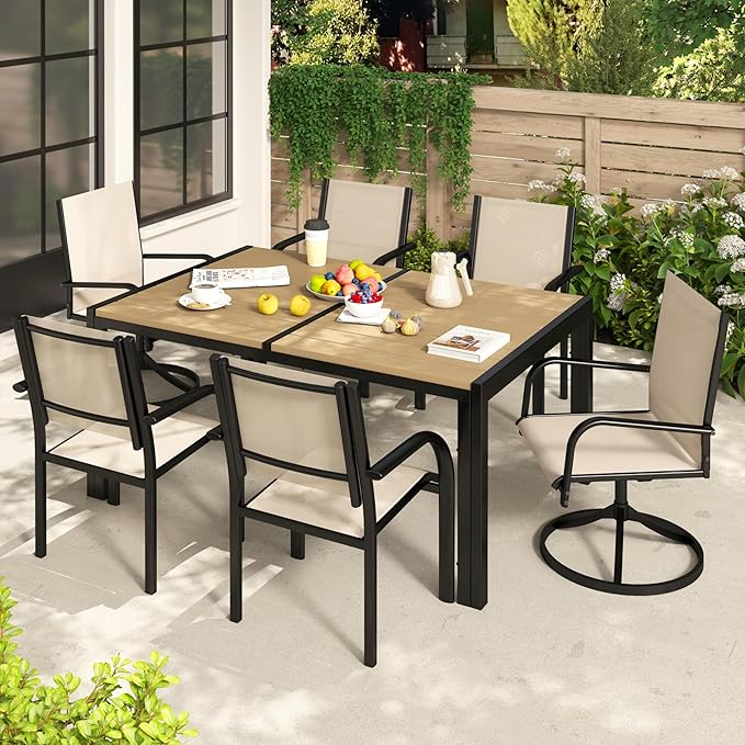Outdoor Dining Set for 6, 59” Patio Table and Chairs Set with 2 Swivel Chairs, 4 Regular Textilene Chair and 1 Large Table, Modern Patio Furniture Set for Backyard Porch Poolside (Beige)
