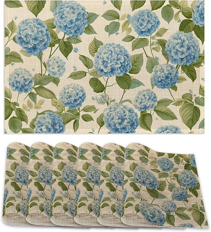 Placemats12x18 Inch,Blue Hydrangea Placemats,Vintage Floral Kitchen Dining Coffee Table Mats Set of 6 for Home Indoor Outdoor Party