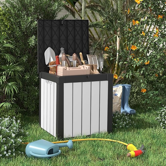 EasyUp 50 Gallon Outdoor Storage Box, Resin Waterproof UV-Resistant Deck Box, Reinforced Stability for Patio, Garden, and Poolside, Striped Black & White