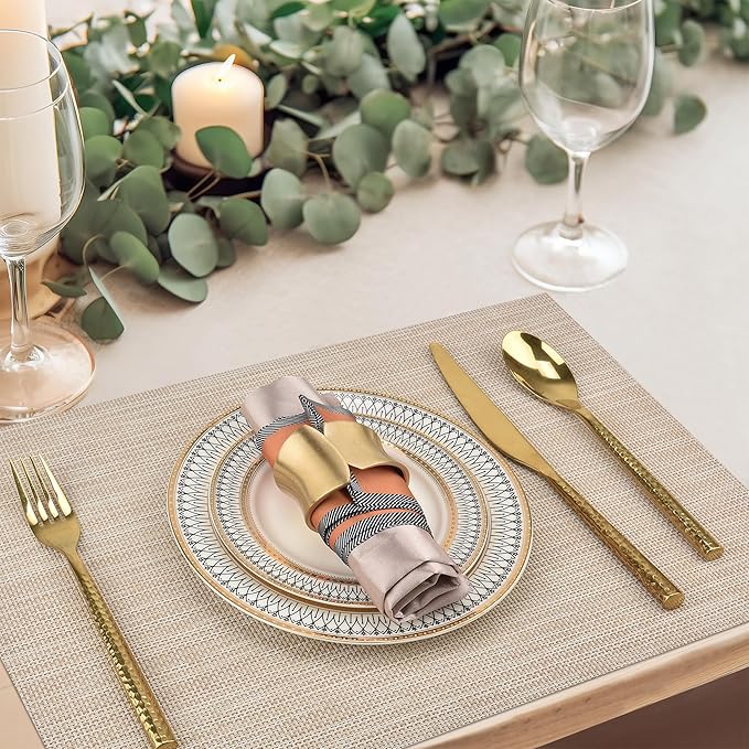 SLKQG Placemats Set of 8 - Easy Clean Washable Vinyl Placemats - Wipeable Heat Resistant Table Mats for Dining Table - 17.7x11.8 Inch (8, Beige)